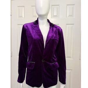 Zhelin Womens Purple Velvet Jacket Faux Leather Trim Blazer Sz M Single Button